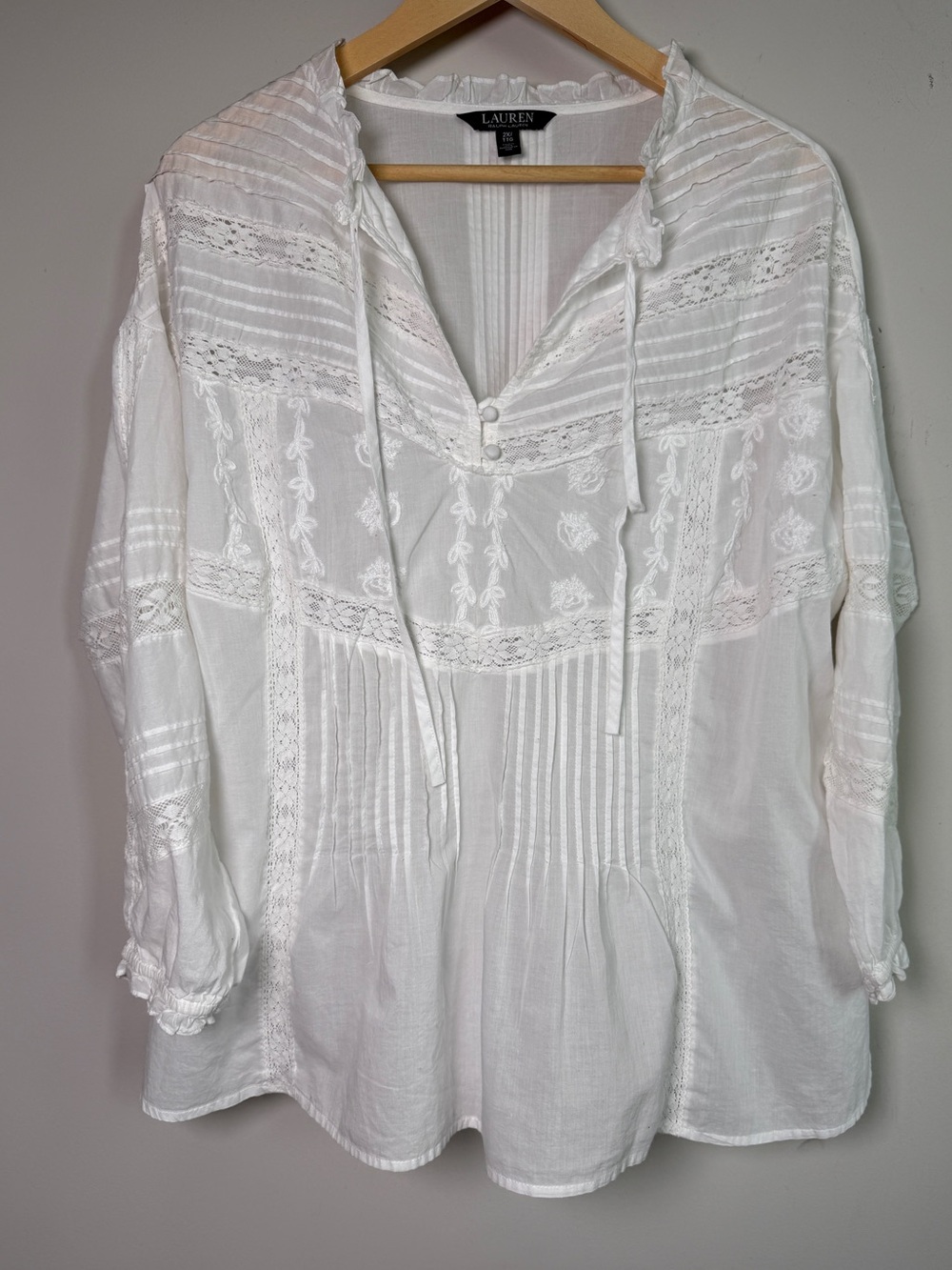 Ralph Lauren White Lace Pintuck Cotton Tunic Top